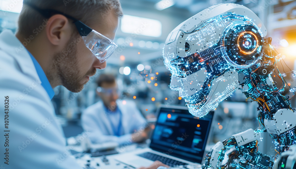 Aufkleber focused engineer collaborates with humanoid robot in high tech lab, showcasing innovation and teamwork. scene highlights advanced technology and futuristic design