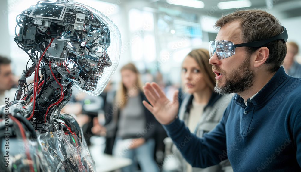 Poster group of tech professionals engaged in lively discussion with humanoid robot, showcasing innovation 