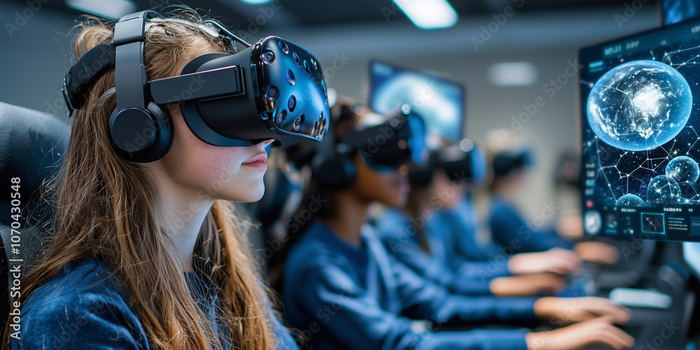 Poster high school students in tech enhanced classroom wear virtual reality headsets, engaging with interac