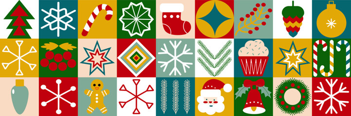 Christmas Bauhaus. Christmas abstract geometric background. Merry Christmas pattern, wallpaper, banner, festive cover design Winter Celebration. Seamless vector mosaic, minimal scandinavian ornament