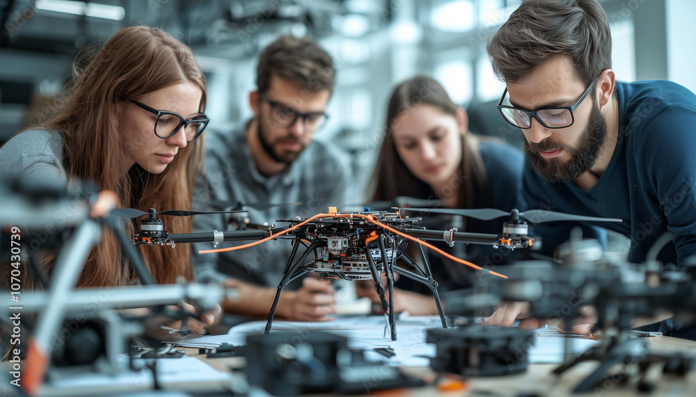 Poster focused team collaborates on designing drone in creative studio, showcasing innovation and teamwork
