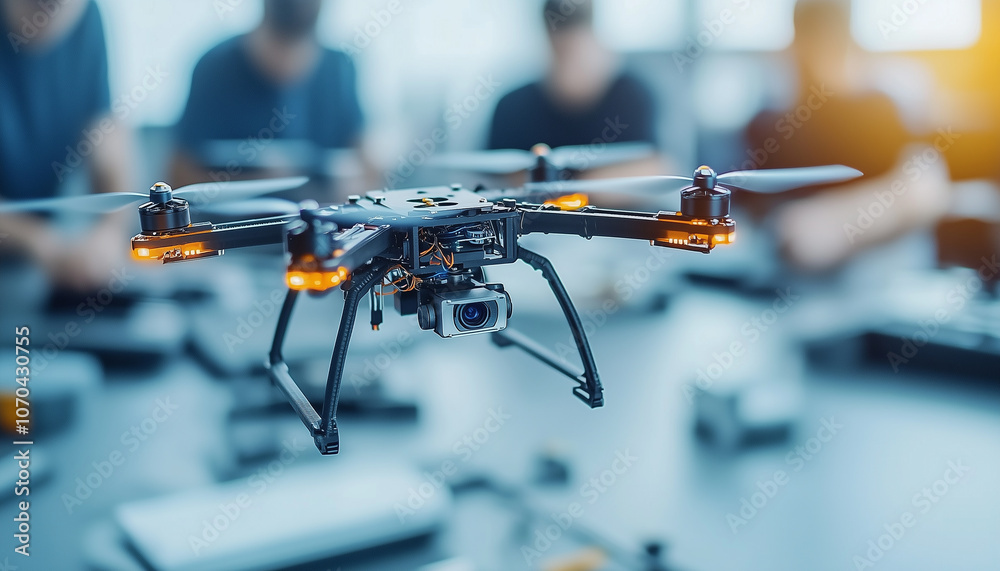 Aufkleber team collaborates on designing drone in creative studio, focusing on innovation and technology
