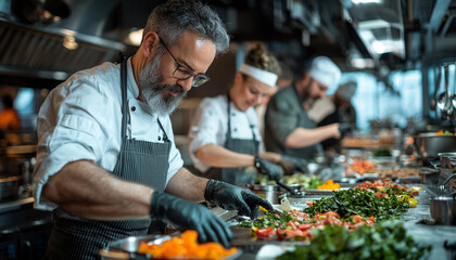 Obraz premium Middle aged friends enjoy hands on cooking class, preparing fresh ingredients in professional kitchen setting. atmosphere is lively and collaborative, with focus on culinary skills