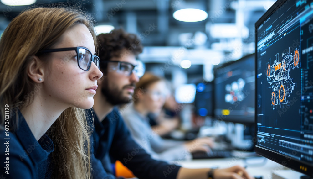Aufkleber team of young innovators intensely focuses on brainstorming ideas for new project, using advanced technology and computer software in modern office setting