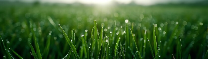 Obraz premium Rice plant field stretching across the horizon, surrounded by mist with soft morning light illuminating the rice grains