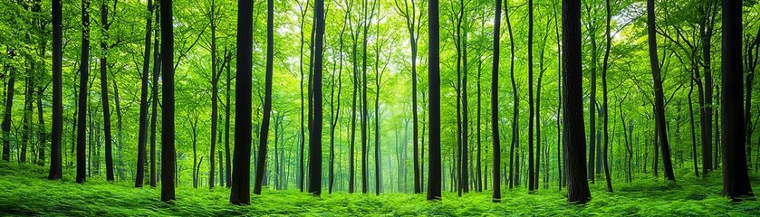 Fototapeta premium Lush forest background with soft sunlight and vibrant green tones