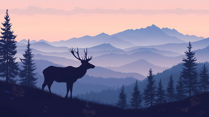 Majestic elk silhouette standing against mountainous horizon at dusk, elk, silhouette, majestic, mountainous, horizon, dusk. Majestic. Illustration