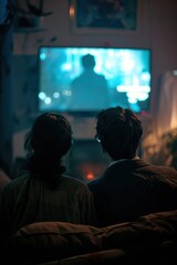 Fototapeta premium Couple Watching Mystery Thriller in Dark Room for Home Entertainment and Relaxation