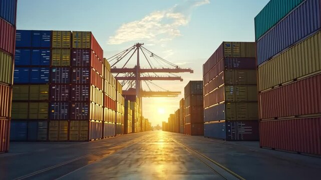 Container Port at Sunset, shipping containers, cargo containers, freight containers, shipping yard, harbor