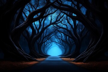 Dark forest background with twisted trees and a misty atmosphere, evoking a gothic, eerie vibe