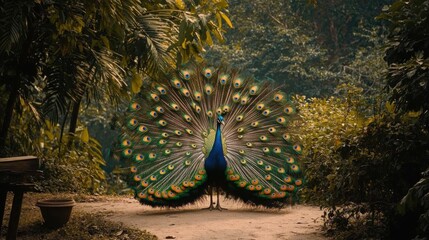Obraz premium A beautiful peacock displaying its vibrant tail feathers, natural forest background.
