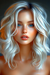 Fototapeta premium A woman with blonde hair and blue eyes is shown in a close up. She has a bright smile and is wearing a light makeup. The image is a digital rendering of a woman's face