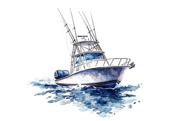 Naklejka premium Watercolor Illustration of a White Fishing Boat on the Water.