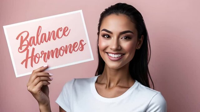Beautiful smiling young woman holding sign with inscription hormones balance hormones on color background

