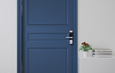 Digital door locking on blue wood door panel, door with a door handle