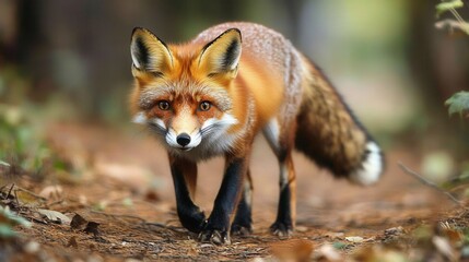 Fototapeta premium curious red fox in the forest, natural colors, soft background