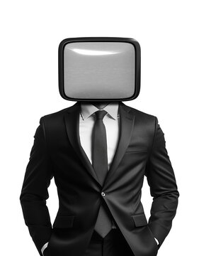 Retro man with television head on red background. Vintage man with television head. Retro collage featuring a man in a suit with a retro TV for a head. Retro collage for presentation. Standing.