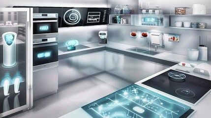 Modern kitchen featuring advanced smart appliances for efficient cooking and meal prep in a sleek, futuristic environment