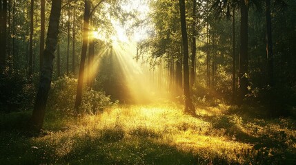 Obraz premium Morning sunlight filters through forest trees, illuminating the dew-kissed ground in a serene, golden glow