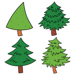 Hand drawn cartoon set of Christmas trees or pine trees on white background. Christmas and new year concept.