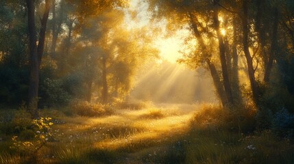 Obraz premium Morning sunlight filters through forest trees, illuminating the dew-kissed ground in a serene, golden glow