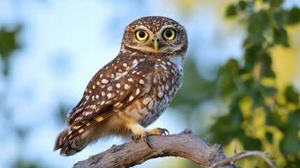 Obraz premium bright-eyed owl perched on a tree branch at twilight