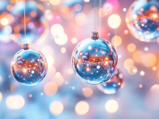 Fototapeta premium 3D Shiny Blue Christmas Ornaments New Year Card