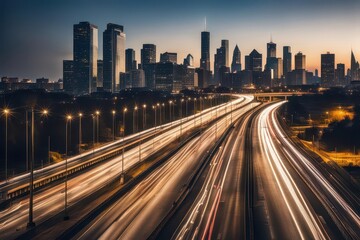 Fototapeta premium The image is a long exposure photo of the city skyline at night. The sky was dark and the buildings were brightly lit, creating a beautiful contrast to the bright city lights. 