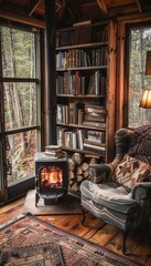 Fototapeta premium Cozy Reading Nook with Wood Burning Stove and Books in a Rustic Forest Cabin