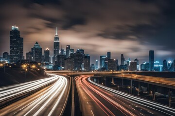 Obraz premium The image is a long exposure photo of the city skyline at night. The sky was dark and the buildings were brightly lit, creating a beautiful contrast to the bright city lights. 
