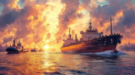 Fototapeta premium Tugboats Guiding Tanker to Dock at Sunset in Harbor