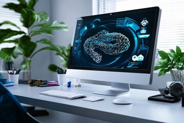 Digital 3D illustration of a high-end desktop computer in a sleek office with modern decor