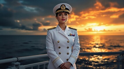 Confident naval officer in white uniform against vibrant sunset at sea