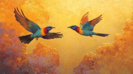 Fototapeta premium A pair of birds in mid-flight, vibrant colors against a golden sunset.