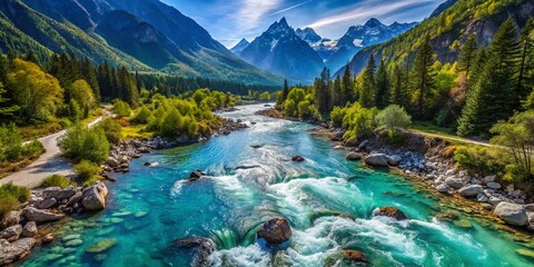 Obraz premium Stunning Mountain River Drone Shot - Crystal Blue Water