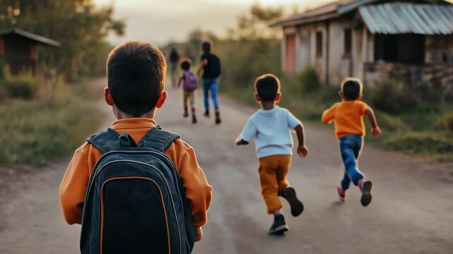 Schoolchildren Walking Home From School, Back, Backpack, Rural, Country, Village