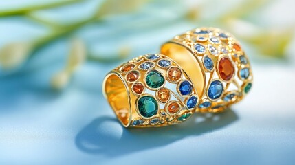 Fototapeta premium Colorful Emirati jewelry with gemstones and gold designs. Copy