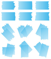 Set of blue semi-transparent washi tapes isolated on white. Washi tapes collection in vector. Pieces of decorative tape for scrapbooks. Torn paper. Gradient