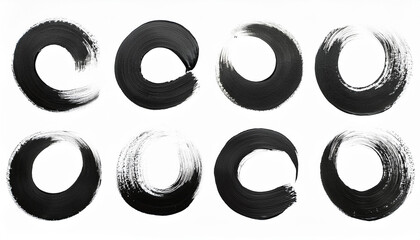Set of round black brush strokes. Grungy texture. Modern illustration. Hand drawn art.