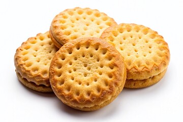 Three Malkist biscuits, high angle, isolated on white.