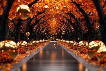 Magical autumn landscape with trees that have fiery-colored leaves and floating golden orbs, creating a mystical vibe