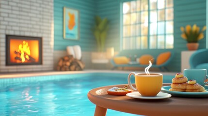 Relaxing spa day featuring a cozy breakfast of coffee and pastries by the fireplace after a refreshing pool swim