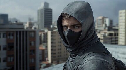 A masked figure in a gray outfit stands on a rooftop, overlooking a cityscape.
