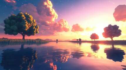 Calm lake at sunset reflecting warm colors and tree silhouettes creating a serene landscape