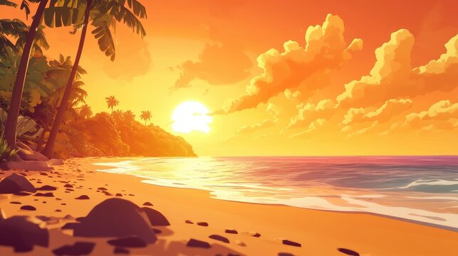Golden sunset over a tranquil beach during summer capturing the essence of relaxation and warm memories