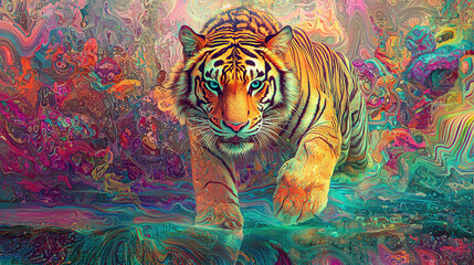 art, animal, tiger, water, design, fish, illustration, painting, pattern, sea, nature, color, flower, colorful, paint, in a dreamscape the surface reflects the early mor, untry, generative ai, landsca