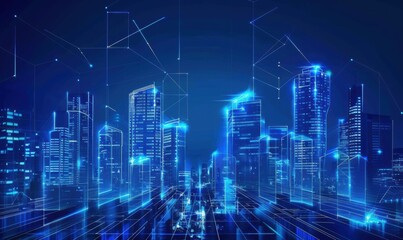 Obraz premium 现代化蓝色科技智慧城市大楼CBG背景