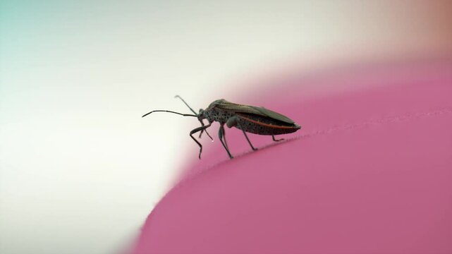 Close-up of a brown leaf bug sitting on a pink cheir against a white background in nature. The focus is on the compound eyes of the insect.
