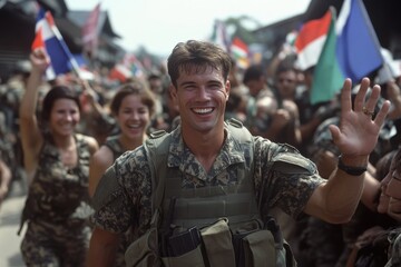Fototapeta premium A soldier leads a victorious parade, waving among enthusiastic peers, symbolizing triumph, unity, and celebration with flags in the air.