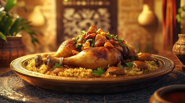 Delicious chicken kabsa garnished with aromatic spices and herbs showcasing traditional Arab cuisine